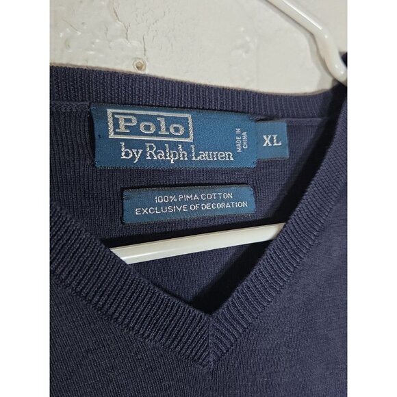 Vintage Polo Ralph Lauren Men's 100% Pima Cotton V-Neck Pullover Sweater XL Navy - Picture 2 of 5